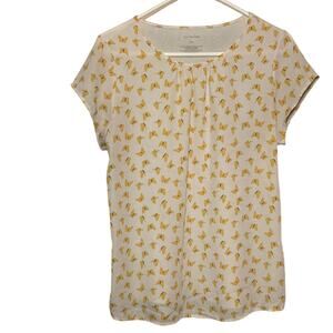 Van Heusen Women's White and Yellow Butterfly Patterned Tshirt Size Medium